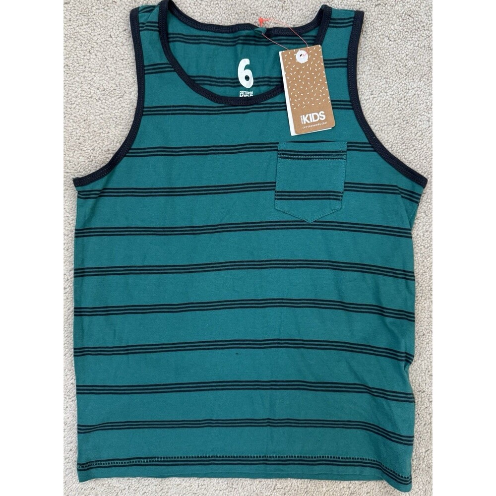 Cotton On Boys 6 Striped Pocket Tank Top Green/Gray 100% Cotton